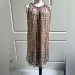 Rina Dhaka Floral Sleeveless Midi Dress in Pink, Green and Cream